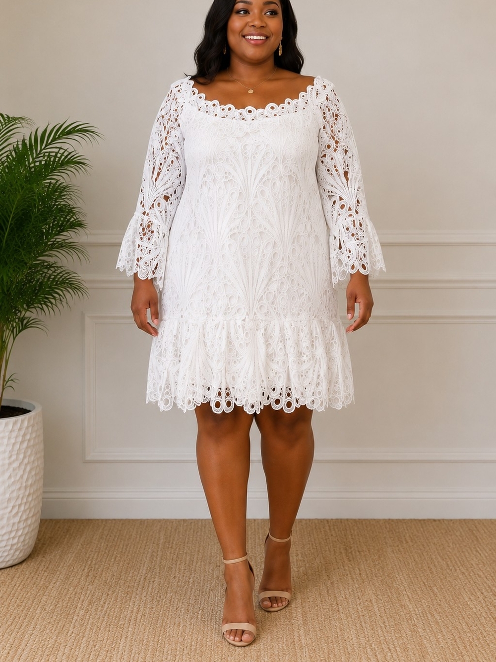 Elegant White Lace Plus-Size Wedding Dress with Bell Sleeves